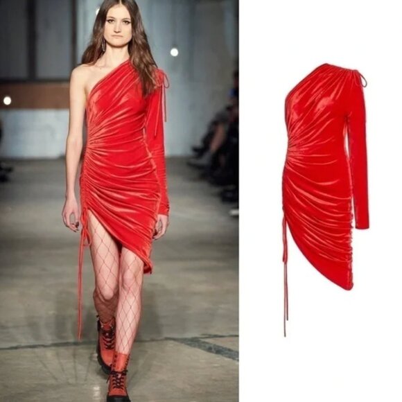 Monse Velvet One Shoulder Drawstring Asymmetric Dress Scarlet Red -  www.everbestladdersbd.com